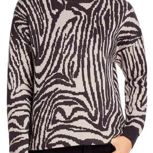T Tahari Size S Zebra Print Sweater Metallic Crew Neck Cashmere Black Cream Fall